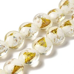 Handmade Gold Sand and Silver Sand Lampwork Flat Round Beads, Beige, 14~14.5x8.5~9mm, Hole: 1.6~1.8mm(FOIL-C001-02G)