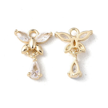 Brass Pave Cubic Zirconia Charms, Butterfly & Teardrop Charm, Light Gold, 14x11x4mm, Hole: 1.6mm