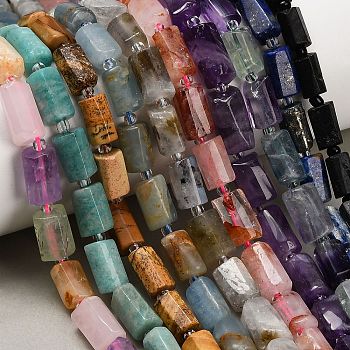 Natural Mixed Gemstone Beads Strands, Faceted Column, with Seed Beads, Mixed Dyed and Undyed, 10~14x6~9.5mm, Hole: 1mm, about 27~31pcs/strand, 15.16~15.75''(38.5~40cm)