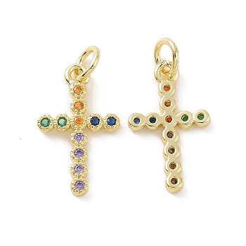 Brass Micro Pave Colorful Cubic Zirconia Pendants, with Jump Ring, Cross Charms, Real 18K Gold Plated, 17.5x10.5x1.5mm, Hole: 3.2mm