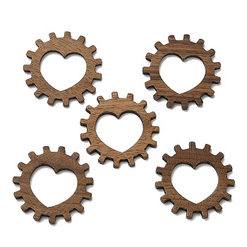 Walnut Wood Pendants, Gear with Heart Charm, Camel, 23.5~24x2.5mm, Inner Diameter: 10.5x14mm