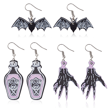 3 Pairs 3 Style Skeleton Hand & Bat & Bottle Acrylic Dangle Earrings for Halloween, Mixed Color, 35~65.5mm, Pin: 0.8mm, 1 Pair/style