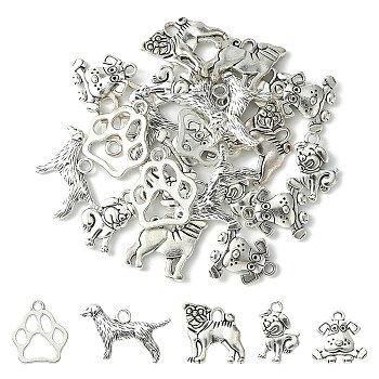 25Pcs 5 Style Tibetan Style Puppy Pendants, Dog, Antique Silver, 16~23x11~17x1.5~3.5mm, Hole: 1~2mm, 5pcs/style