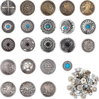 22 Sets Alloy Craft Solid Screw Rivet, with Imitation Turquoise or Iron, DIY Leather Craft Nail, Flat Round, Mixed Color, 30x9.5mm, Hole: 2.5mm, Screw: 5x3mm and 7x3.5mm