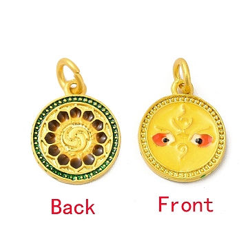Rack Plating Alloy Enamel Pendants with Jump Ring, Double Side Pattern Flat Round Charms, Matte Gold Color, Gold, 16x13x1.8mm, Jump Ring: 6x1mm, 4mm Inner Diameter