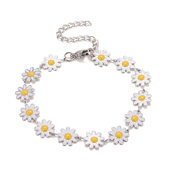 Enamel Daisy Link Chains Bracelet, 304 Stainless Steel Jewelry for Women, Stainless Steel Color, White, 7-1/4 inch(18.4cm)
