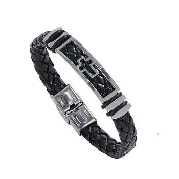 Hollow Corss Link Bracelet with Leather Cords, Black, 8-1/8 inch(20.5cm)