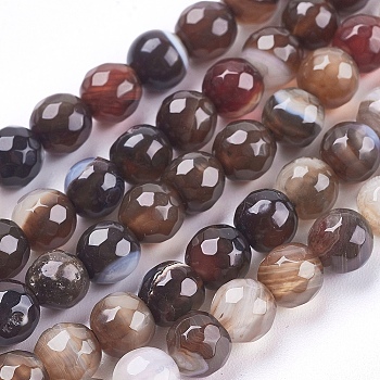 Natural Striped Agate/Banded Agate Beads Strands, Round, Faceted, Dyed, Coconut Brown, 6mm, Hole: 1mm, about 62pcs/strand, 14.5 inch(37cm)