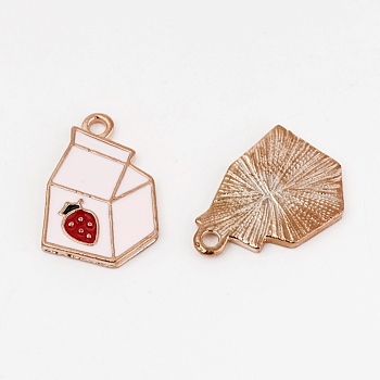 Alloy Enamel Pendants, Milk Carton with Strawberry , Colorful, Light Gold, 18x12.5x1.5mm, Hole: 1.5mm