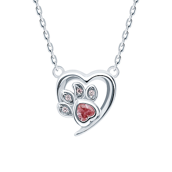 S925 Sterling Silver Red Heart Cat Paw Print Pendant Necklace, Sweet Cute Collarbone Chain for Women