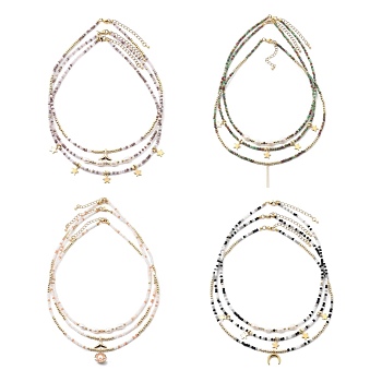 Beaded Necklaces & Pendant Necklace Sets, with Brass Beads, Natural Pearl Beads, Glass Beads and 304 Stainless Steel Lobster Claw Clasps, Mixed Shapes, Golden, 17.72 inch(45cm), 17.91 inch(45.5cm), 3pcs/set