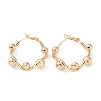 Brass Round Beaded Rhombus Hoop Earrings, with 925 Sterling Silver Pins for Women, Golden, 33x34x10mm