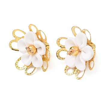 Handmade Polymer Clay Connector Charms, with Iron Findings, Flower Links, White, Golden, 16.5~18x21x1.5mm, Hole: 1.8mm