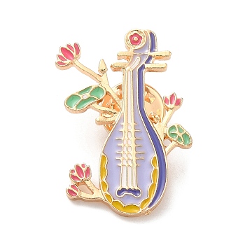 Pipa with Lotus Enamel Pins, Light Gold Alloy Badge for Backpack Clothes, Musical Instruments, 33x25x2mm