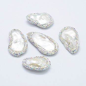 Natural Cultured Freshwater Pearl Beads, with Polymer Clay Rhinestone, Nuggets, 25~39x18~23x6~8mm, Hole: 0.5mm