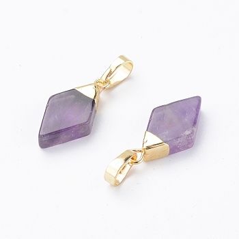 Natural Amethyst Pendants, with Brass Snap on Bails, Edge Golden Plated, Rhombus, Golden, 17~18x8~9x3.5~6mm, Hole: 4x5mm