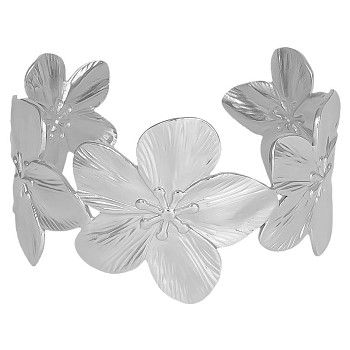 Floral 304 Stainless Steel Cuff Bangles for Women, Stainless Steel Color, Inner Diameter: 2-3/8 inch(6.1cm)