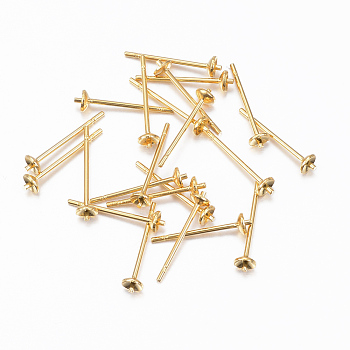 304 Stainless Steel Post Stud Earring Settings For Half Drilled Bead, Real 24K Gold Plated, 13.5x3mm, Tray: 2.5mm, Pin: 0.8mm