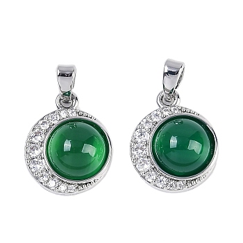 Natural Green Onyx Agate(Dyed & Heated) Pendants, Brass Micro Pave Clear Cubic Zirconia Flat Round Charms, Platinum, 15x12.5x6mm, Hole: 4.5x2.5mm