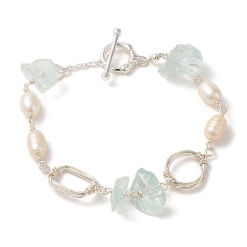 Brass Wire Wrapped Rectangle Link Bracelet, with Natural Pearl & Quartz Crystal Chips Beaded, Silver, 7-1/8 inch(18cm)