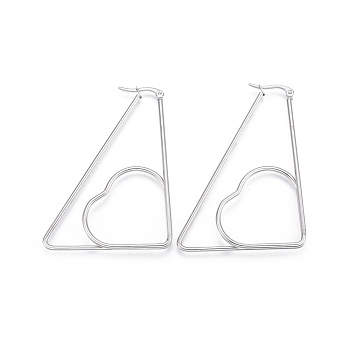 201 Stainless Steel Hoop Earrings, with 304 Stainless Steel Pin, Hypoallergenic Earrings, Triangle with Heart, Stainless Steel Color, 60x44x1.9mm, Pin: 0.8mm