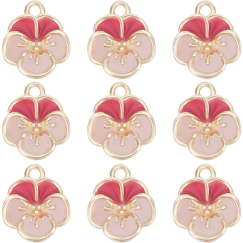 12Pcs Brass Enamel Charms, Real 18K Gold Plated, Flower, Pink, 12x10.5x4mm, Hole: 1.5mm