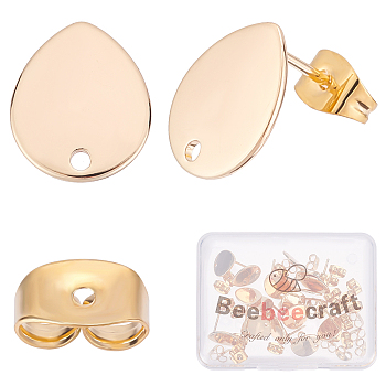 20Pcs Brass Stud Earring Findings, with Hole, with 20Pcs Ear Nuts, Teardrop, Real 18K Gold Plated, 12x10mm, Hole: 1.4mm, Pin: 1mm