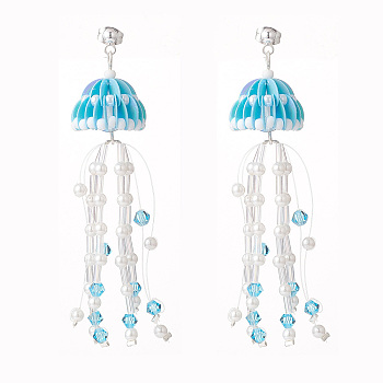 Glass Seed & Synthetic Moonstone Beaded Long Tassel Dangle Stud Earrings with Shell Pearl for Women, Deep Sky Blue, 75mm, Pin: 0.8mm