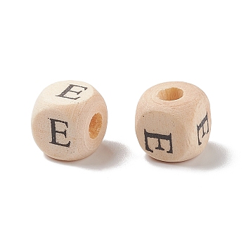 (Defective Closeout Sale: Grained), Printed Natural Wood Beads, Horizontal Hole, Cube with Initial Letter, PapayaWhip, Letter.E, 10x10x10mm, Hole: 3.5mm, about 1000pcs/500g