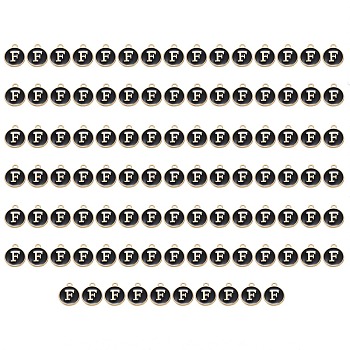 Golden Plated Enamel Alloy Charms, Enamelled Sequins, Flat Round, Black, Letter.F, 14x12x2mm, Hole: 1.5mm, 100pcs/Box