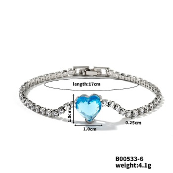 Elegant Heart-shaped Brass Rhinestone Link Chain Bracelets, Tennis Bracelet, Fashionable and Versatile, Aquamarine, Platinum, 6-3/4 inch(17cm)