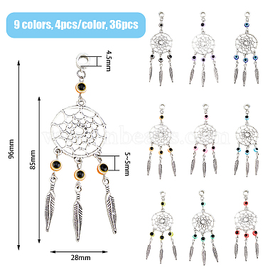 36Pcs 4 Colors Tibetan Style Alloy Woven Net/Web with Feather European Dangle Charms(HJEW-AB00503)-2