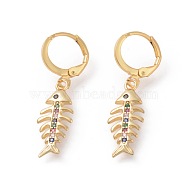 Brass Micro Pave Cubic Zirconia Dangle Hoop Earrings , Fishbone, Colorful, Golden, 36mm, Pin: 0.9mm(EJEW-F233-09G)