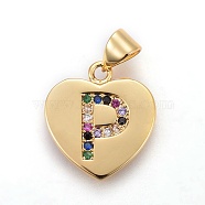 Brass Micro Pave Cubic Zirconia Pendants, Heart with Letter, Colorful, Letter.P, 17x15x1.5mm, Hole: 3.5x4.5mm(X-ZIRC-F093-57G-P)