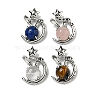Natural Mixed Stone Pendants, Rabbit Charms with Rack Plating Brass Moon & Star, Platinum, Cadmium Free & Lead Free, Mixed Dyed and Undyed, 27.5x18x9mm, Hole: 6x2.5mm(G-M434-01P)