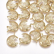 Brass Pendants, Moon with Flower, Real 18K Gold Plated, 19x15x3mm, Hole: 1.8mm(KK-T035-91)