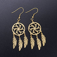 201 Stainless Steel Chandelier Earrings, Woven Net/Web with Feather, Golden, 70x20mm, Pin: 0.7mm(STAS-S105-JN357-2)