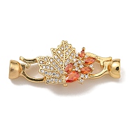 Brass Micro Pave Cubic Zirconia Fold Over Clasps, Maple Leaf, Real 18K Gold Plated, Orange, 36mm(KK-U037-28G-01)