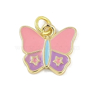 Brass Enamel Pendants, with Jump Ring, Real 18K Gold Plated, Butterfly with Star Charm, Pink, 13x14.5x2mm, Hole: 3mm(KK-B114-13G)