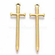 304 Stainless Steel Pendants, Sword Charm, Real 18K Gold Plated, 45x13.5x2mm, Hole: 1.8mm(STAS-N098-135LG)