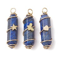 3Pcs 3 Styles Natural Lapis Lazuli Copper Wire Wrapped Pointed Pendants, Faceted Bullet Charms with Golden Tone Brass Heart & Star & Butterfly Beads, 34.5~37x10.5x12mm, Hole: 2.7mm, 1pc/style(PALLOY-JF02460-03)