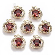 Brass Micro Pave Cubic Zirconia Charms, with Glass, Nickel Free, Real 18k Gold Plated, Apple, Red, 11x11x4mm, Hole: 1.2mm(KK-R112-046-NF)