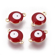 Ion Plating(IP) 304 Stainless Steel Enamel Links connectors, Flat Round with Evil Eye, Golden, FireBrick, 14.5x10x4.5mm, Hole: 1.4mm(STAS-F206-02G-C08)