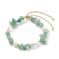 Natural Green Aventurine Chips & Pearl Beaded Slider Bracelet, Gemstone Jewelry for Women, Golden, Inner Diameter: 2-1/8~3-1/4 inch(5.4~8.4cm)(BJEW-JB08334-03)