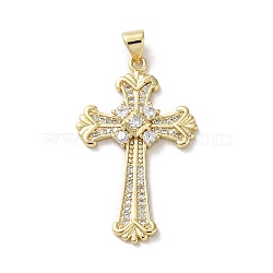 Brass Micro Pave Cubic Zirconia Pendants, Cross, Real 18K Gold Plated, 36.5x22x4mm, Hole: 4.5x3.5mm(KK-A212-08C-G)