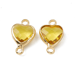 Transparent K9 Glass Connector Charms, Heart Links, with Light Gold Tone Brass Findings, Lt.Col.Topaz, 14x8.5x3.7mm, Hole: 1.8mm(GLAA-A005-31LG-010)