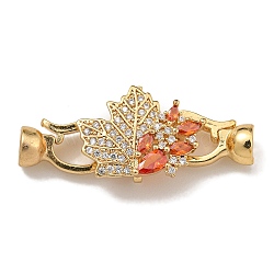 Brass Micro Pave Cubic Zirconia Fold Over Clasps, Maple Leaf, Real 18K Gold Plated, Orange, 36mm(KK-U037-28G-01)