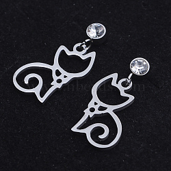 201 Stainless Steel Kitten Dangle Stud Earrings, with Clear Cubic Zirconia, Hollow Cat, Stainless Steel Color, 22.5mm, Pin: 0.8mm(EJEW-T008-JN742)
