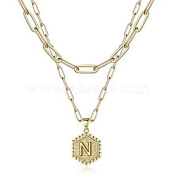 Real 18K Gold Plated Stainless Steel Paperclip Chains Double Layer Necklaces, Hexagon with Initial Letter Pendant Necklace, Letter N, 14.17 inch(36cm)(AN1969-5)
