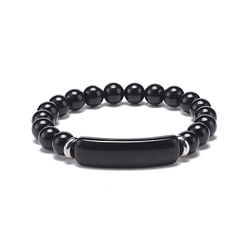 Natural Obsidian Beaded Stretch Bracelet, Gemstone Jewelry for Men Women, Rectangle Bar Charm Bracelets, Inner Diameter: 2-1/8 inch(5.3cm)